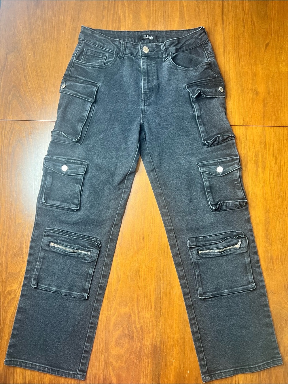 : Telepatia Black Washed Cargo Denim Jeans - Size 13/31